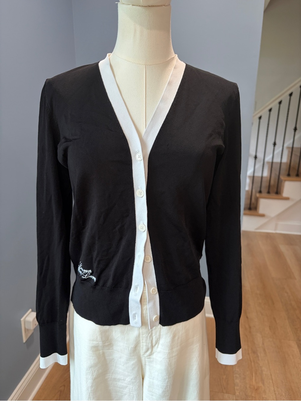 Lauren Ralph Lauren Black White Contrast Cardigan Sweater Logo Medium